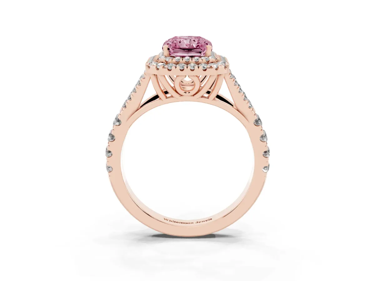 Fancy Pink Double Halo Radiant Cut Diamond Split Shank Engagement Ring with Four-Prong Setting Rose gold