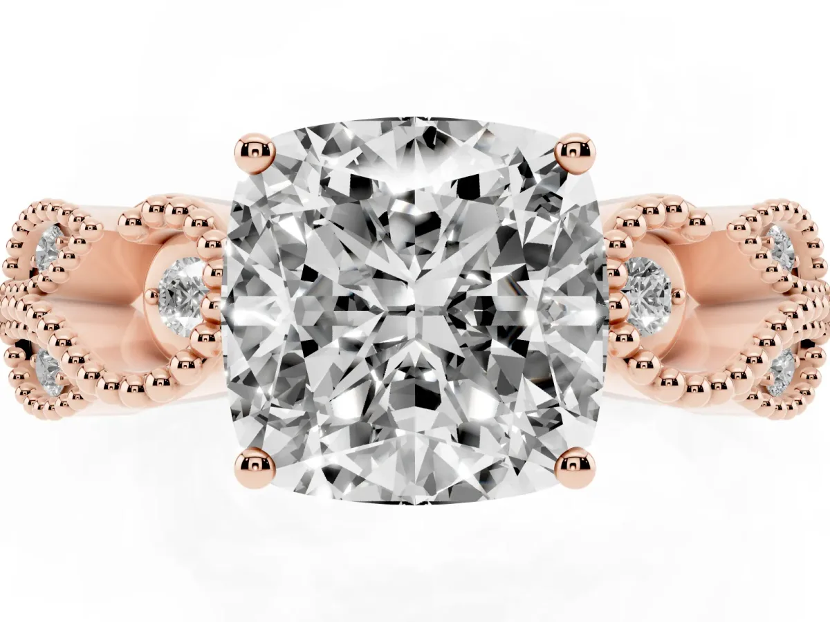 Cushion Cut Solitaire Milgrain Leaf Band with Prong Setting Rose gold