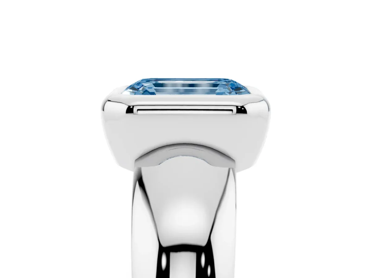 Fancy Blue Bezel Set Emerald Cut Solitaire Ring with Wide Band Platinum