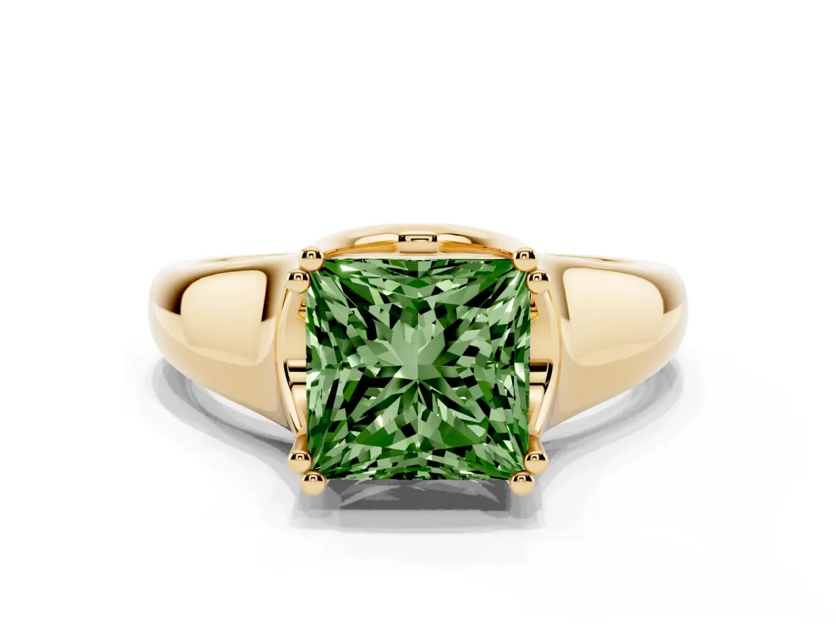 Fancy Green Princess Cut Diamond Solitaire Ring with Wide Band and Prong Setting Yellow gold