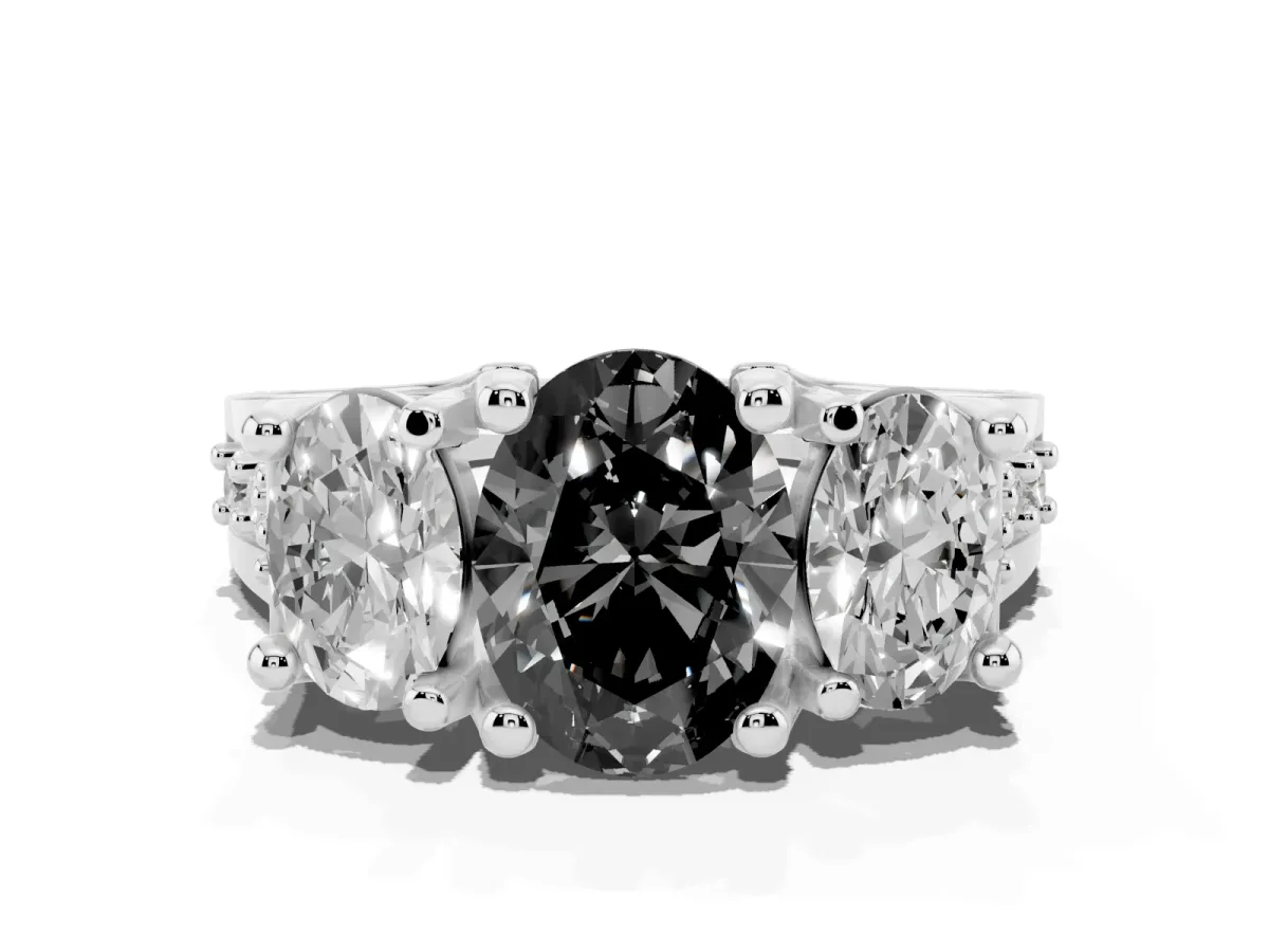 Fancy Black Oval Cut Diamond Three-Stone Ring with Channel Set Band and Four-Prong Setting Silver