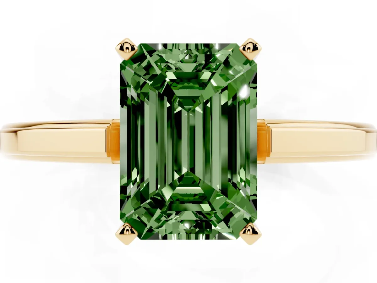 Fancy Green Emerald Cut Solitaire Diamond Ring with Four-Prong Setting and Classic Band Yellow gold