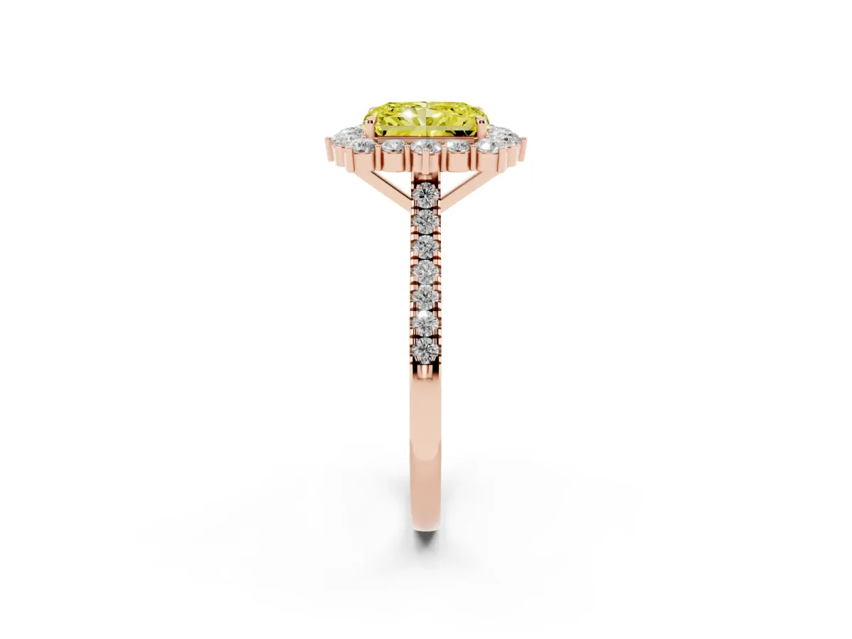 Fancy Yellow Radiant Cut Halo Diamond Ring with Pavé Band and Prong Setting Rose gold