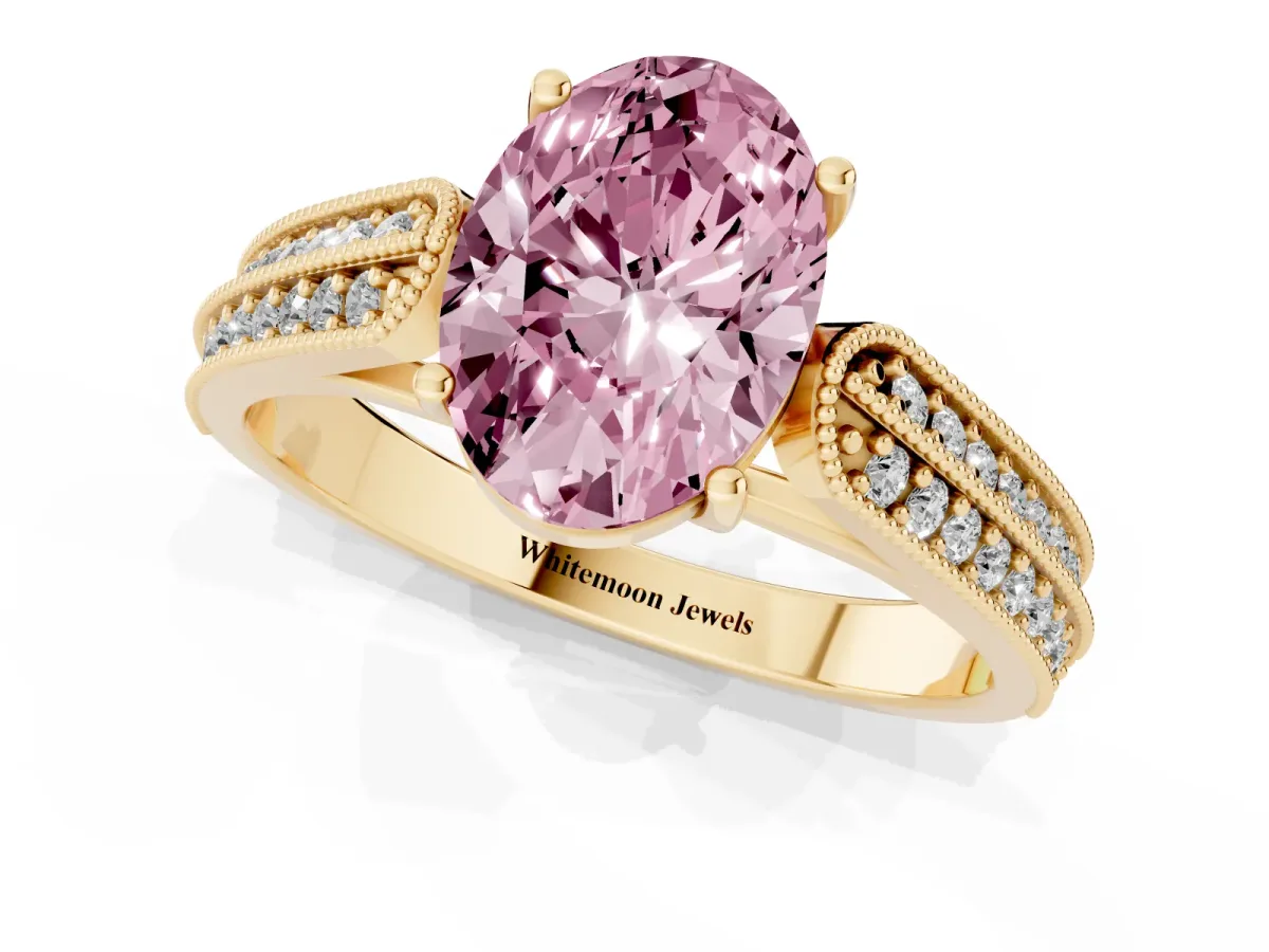 Fancy Pink Oval Cut Cut Pave Split Shank Engagement Ring with Four-Prong Setting Yellow gold