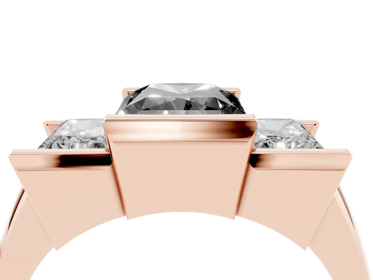 Fancy Black Three Stone Radiant Cut Cut Channel Set Diamond Ring Rose gold