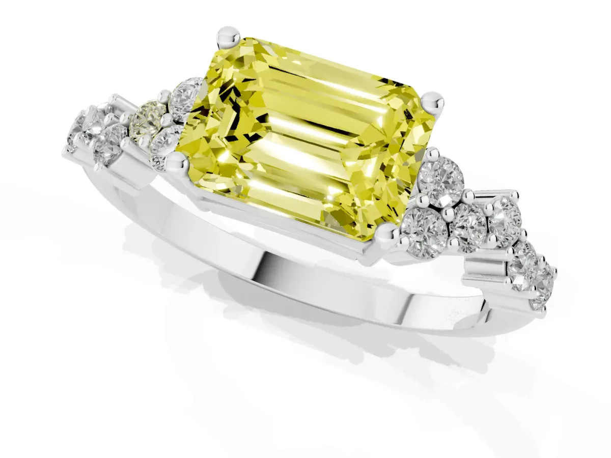 Fancy Yellow Emerald Cut Diamond Scattered Round Accent Ring with Prong Setting Silver