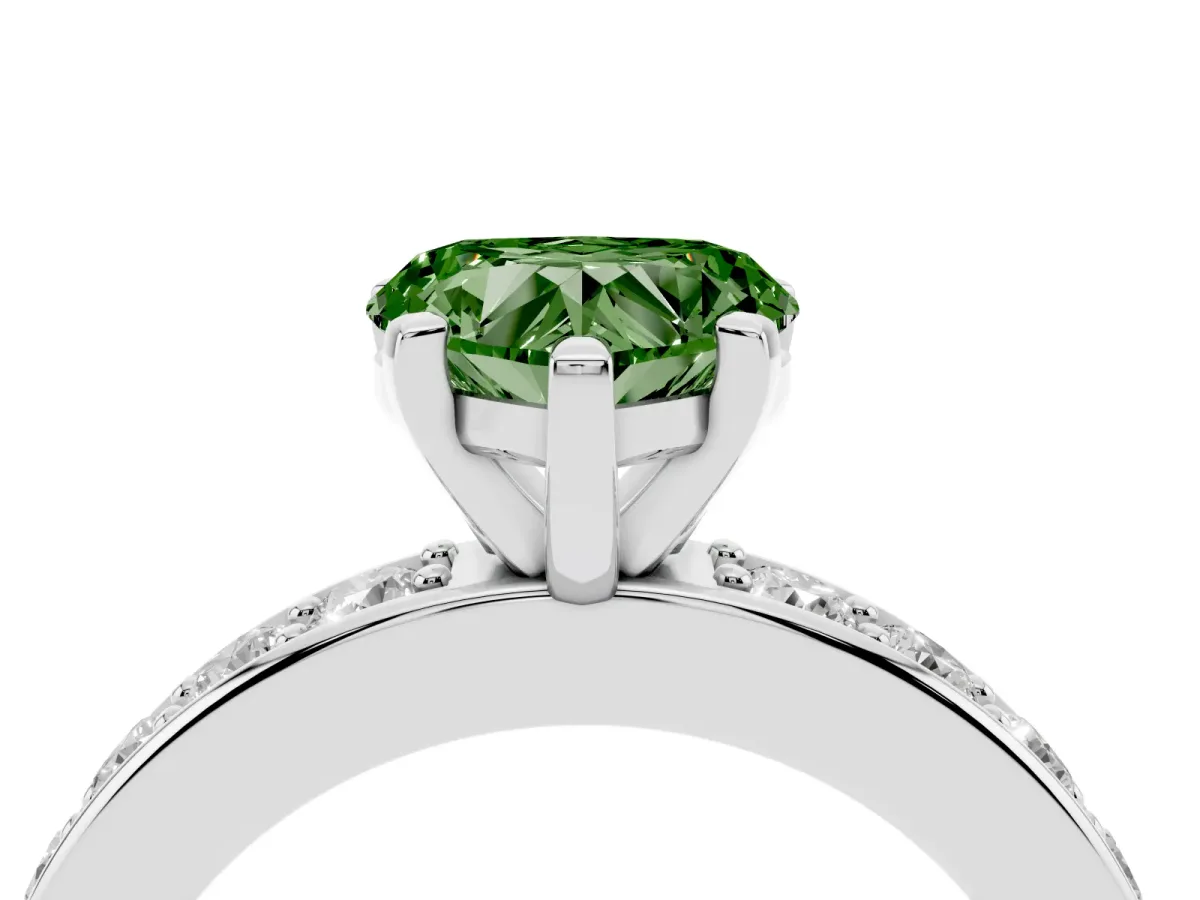Fancy Green Heart Cut Diamond Engagement Ring with Channel Set Round Band and Prong Setting Platinum