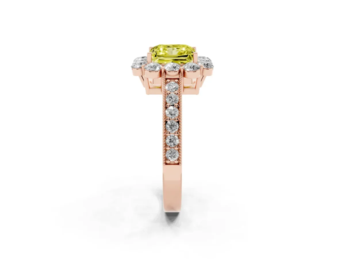 Fancy Yellow Princess Cut Cut Halo Diamond Pavé Engagement Ring with Milgrain Detailing Rose gold