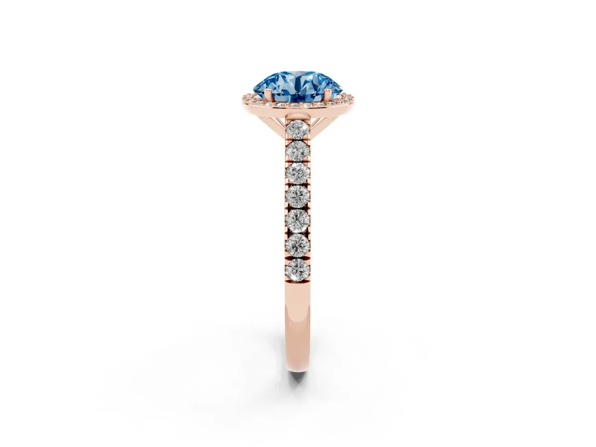 Fancy Blue Round Cut Cut Halo Diamond Engagement Ring with Pave Band and Four-Prong Setting Rose gold