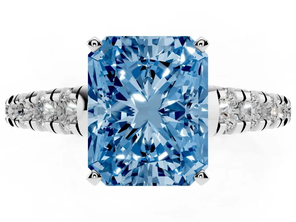Fancy Blue Radiant Cut Diamond Cathedral Solitaire Ring with Round Pavé Band Silver