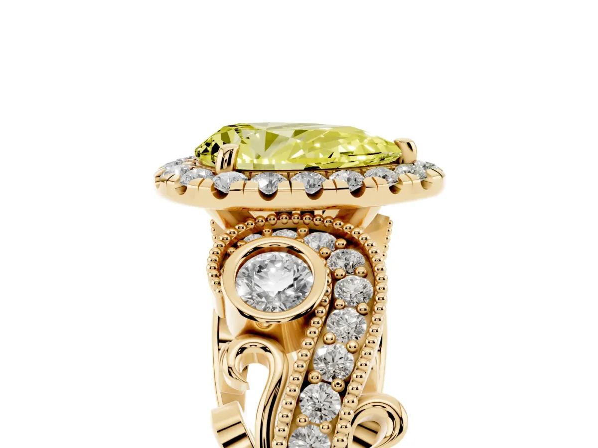 Fancy Yellow Pear Cut Halo Diamond Ring with Milgrain and Bezel Accents on a Split Shank Band Yellow gold