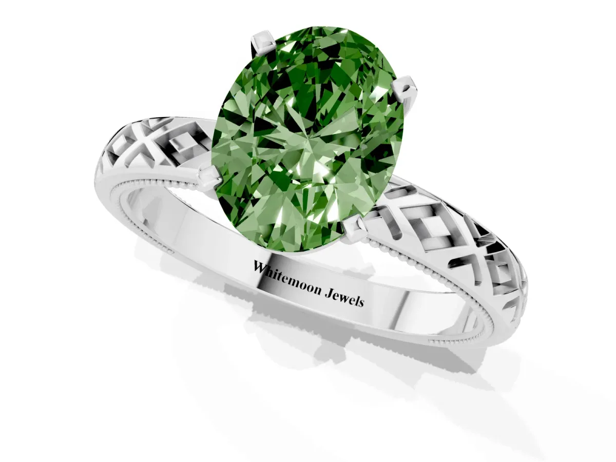Fancy Green Oval Cut Solitaire Diamond Ring with Milgrain and Black Enamel X Pattern Band Silver
