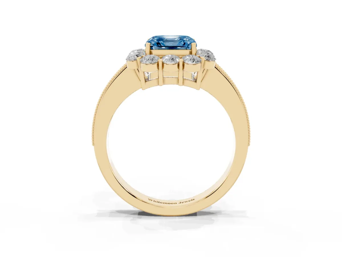 Fancy Blue Asscher Cut Cut Halo Diamond Pavé Engagement Ring with Milgrain Detailing Yellow gold