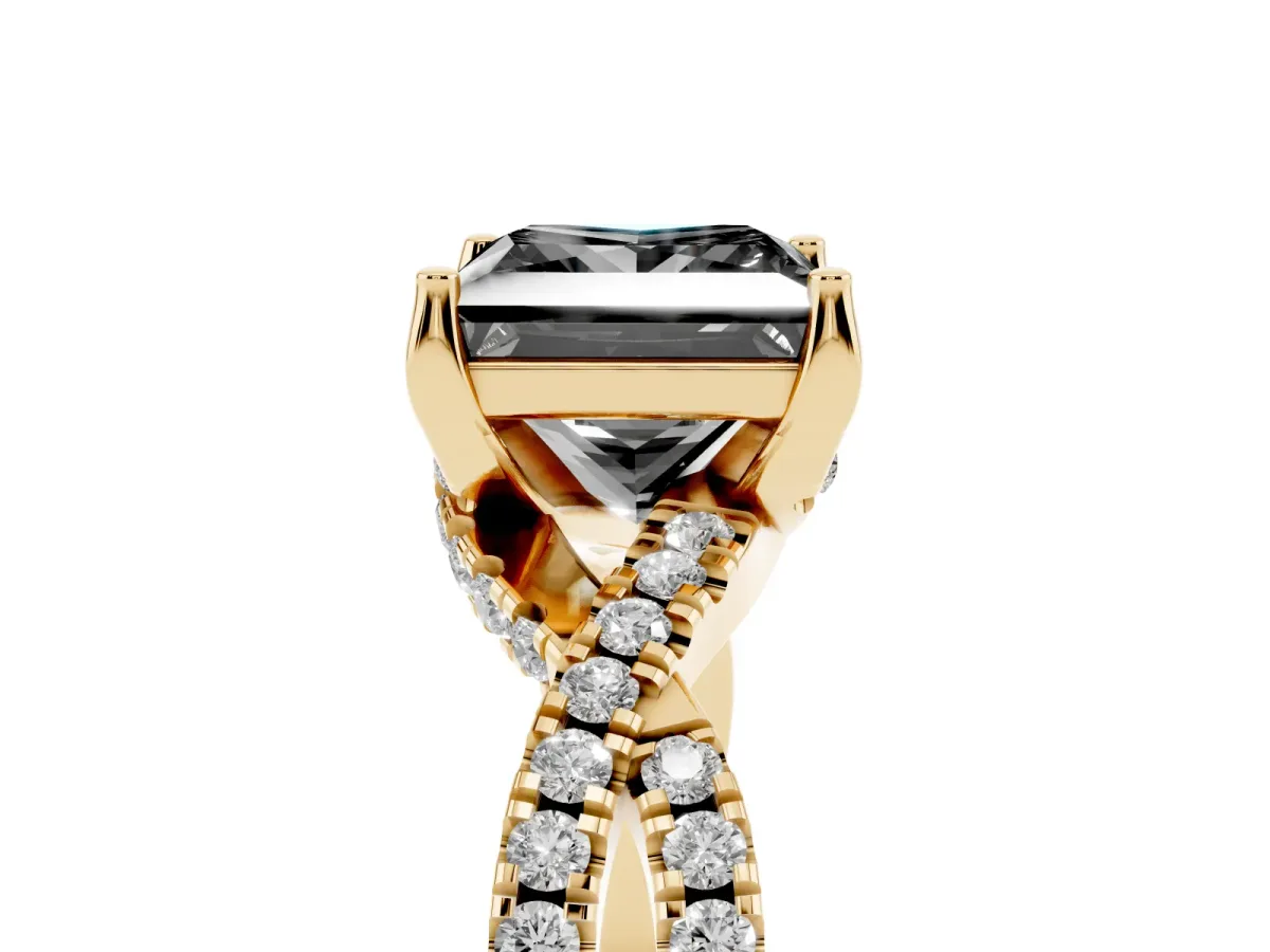 Fancy Black Princess Cut Solitaire Twist Pave Diamond Engagement Ring with Prong Setting Yellow gold
