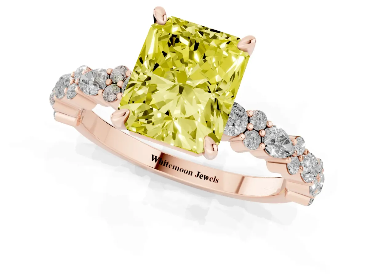 Fancy Yellow Radiant Cut Diamond Side Stone Solitaire Ring with Round and Four-Prong Setting Rose gold