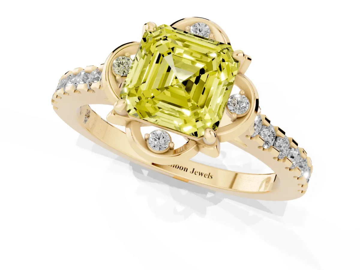 Fancy Yellow Asscher Cut Diamond Ring with Pavé Band and Floral Prong Setting Yellow gold