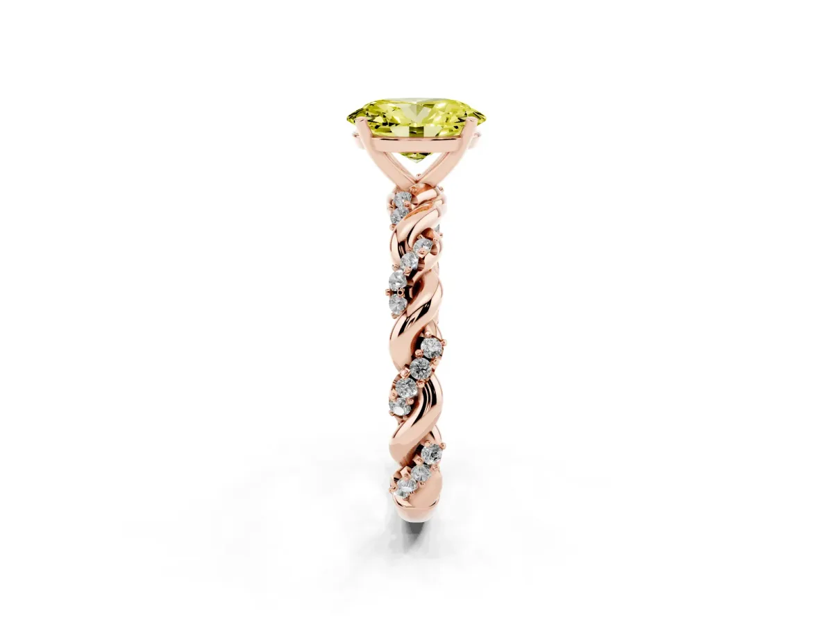 Fancy Yellow Oval Cut Diamond Solitaire Ring with Twisted Band and Pavé Accents Rose gold