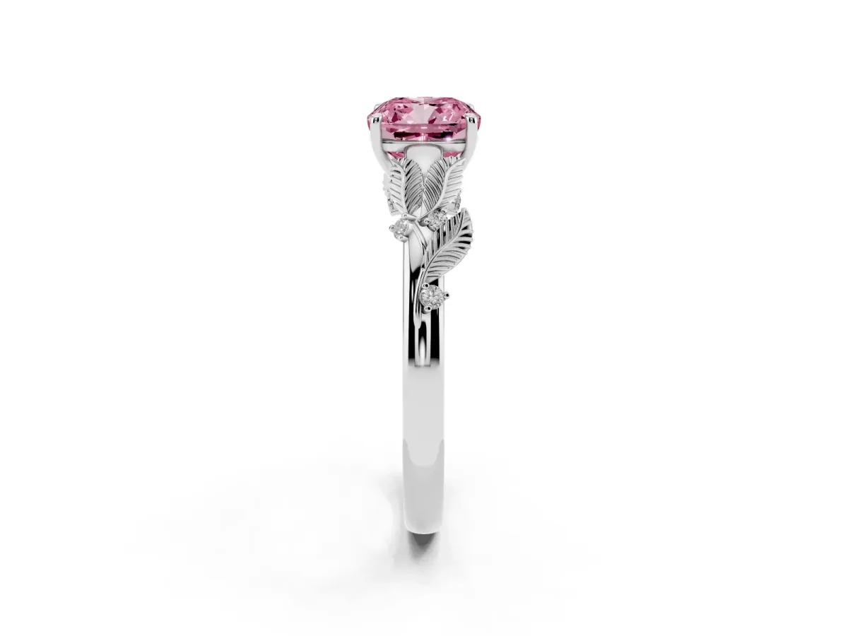 Fancy Pink Cushion Cut Diamond Solitaire Ring with Leaf Motif Band and Four-Prong Setting Platinum