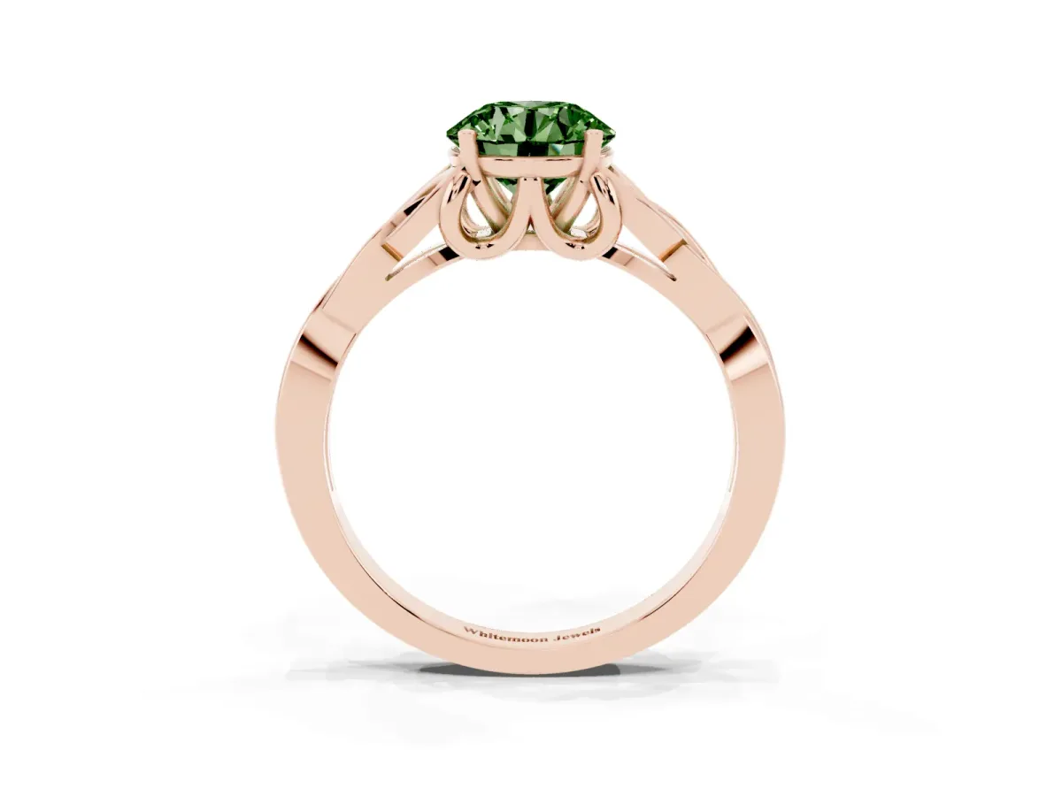 Fancy Green Round Cut Diamond Solitaire Engagement Ring with Celtic Knot Band and Four-Prong Setting Rose gold