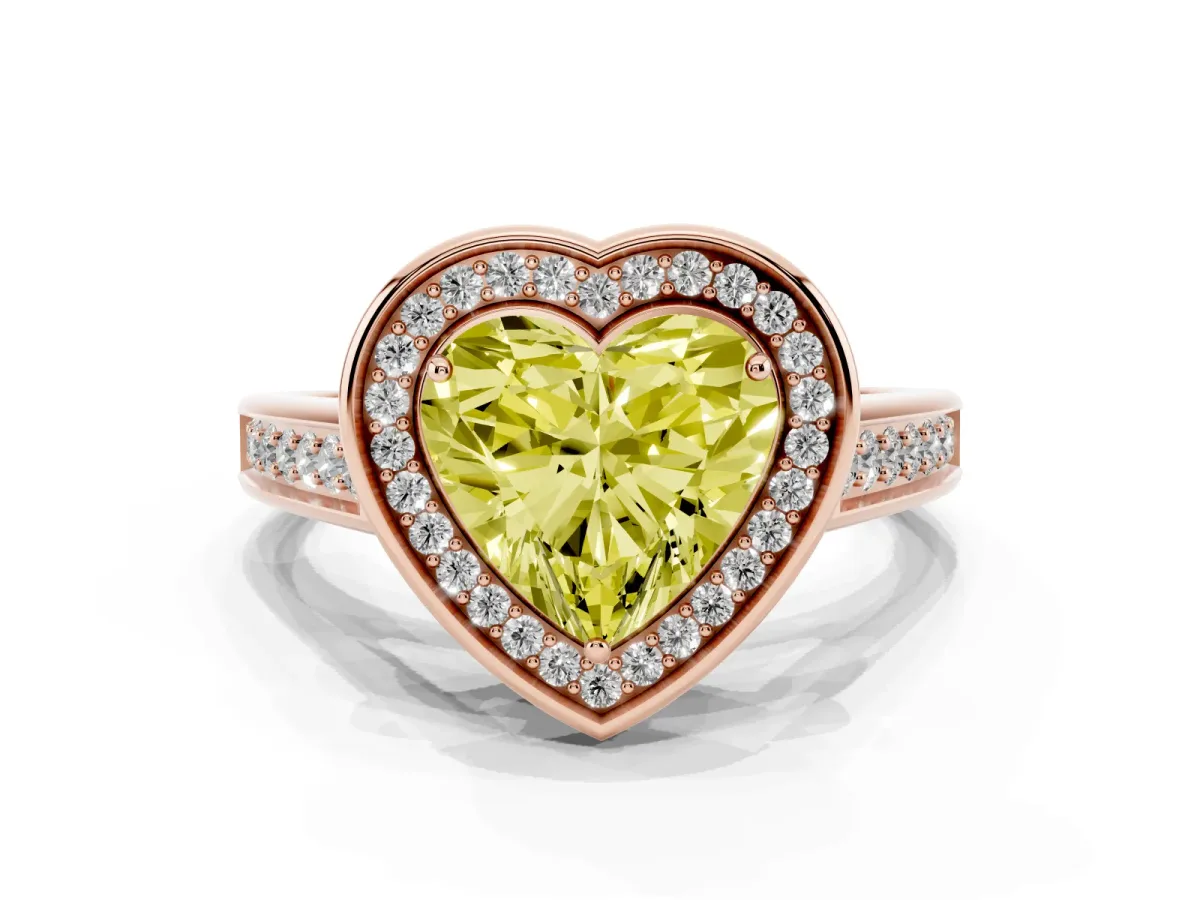 Fancy Yellow Heart Cut Halo Solitaire Diamond Ring with Pave Band and Bezel Setting Rose gold