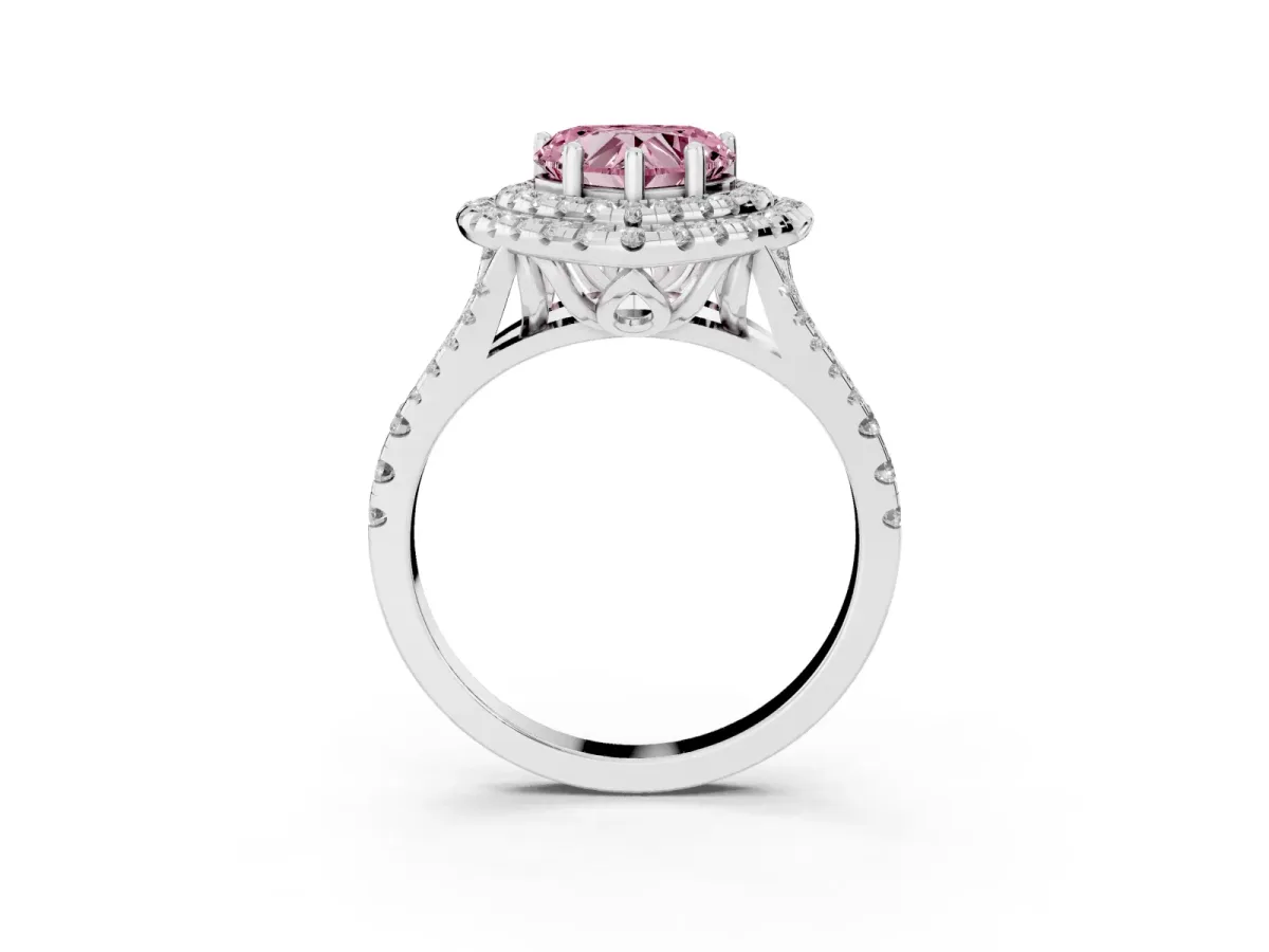 Fancy Pink Double Halo Heart Cut Diamond Pavé Split Shank Ring with Prong Setting Platinum
