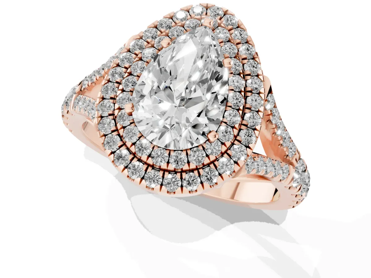 Pear Cut Diamond Pavé Split Shank Double Halo Engagement Ring Rose gold