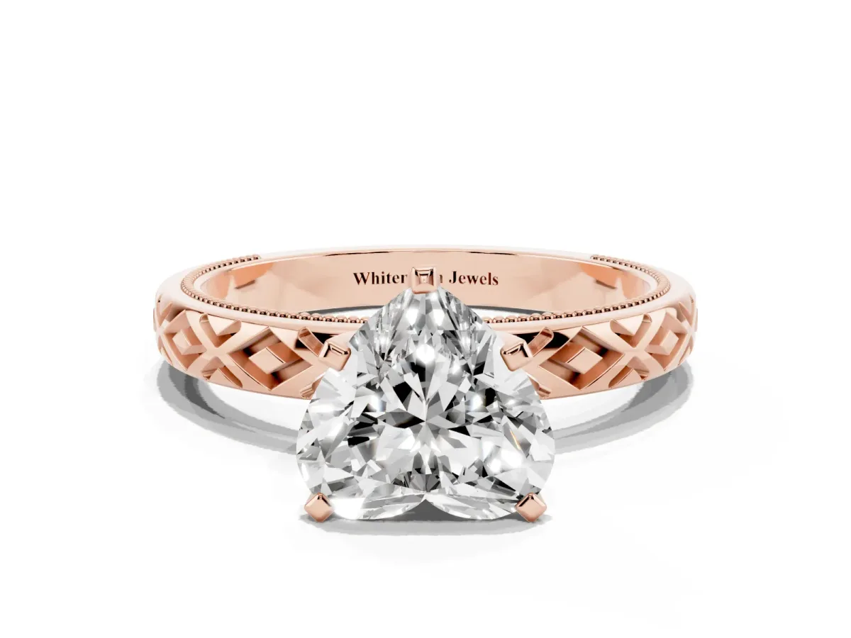 Heart Cut Solitaire Diamond Ring with Milgrain and Black Enamel X Pattern Band Rose gold