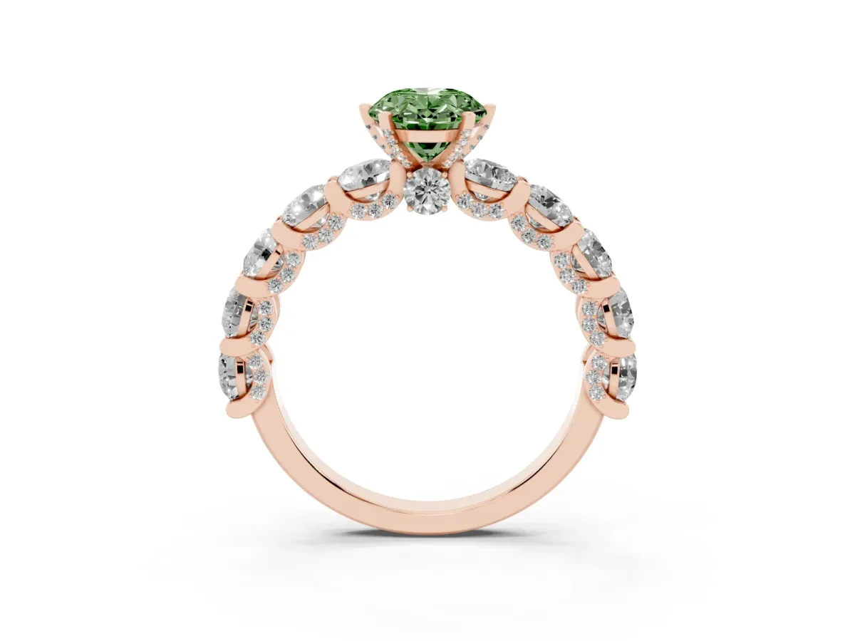 Fancy Green Oval Cut Diamond Side Stone Engagement Ring with Four-Prong Setting Rose gold