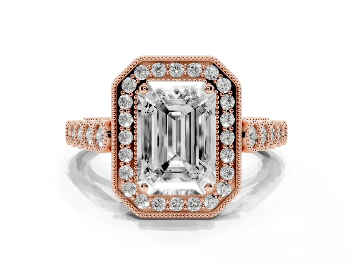 Emerald Cut Halo Milgrain Solitaire with Bezel Set Side Stones and Pave Band Rose gold