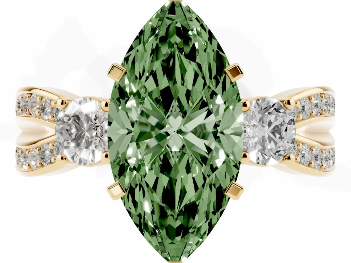 Fancy Green Three-Stone Marquise Cut Cut Diamond Twist Band with Prong Setting Yellow gold