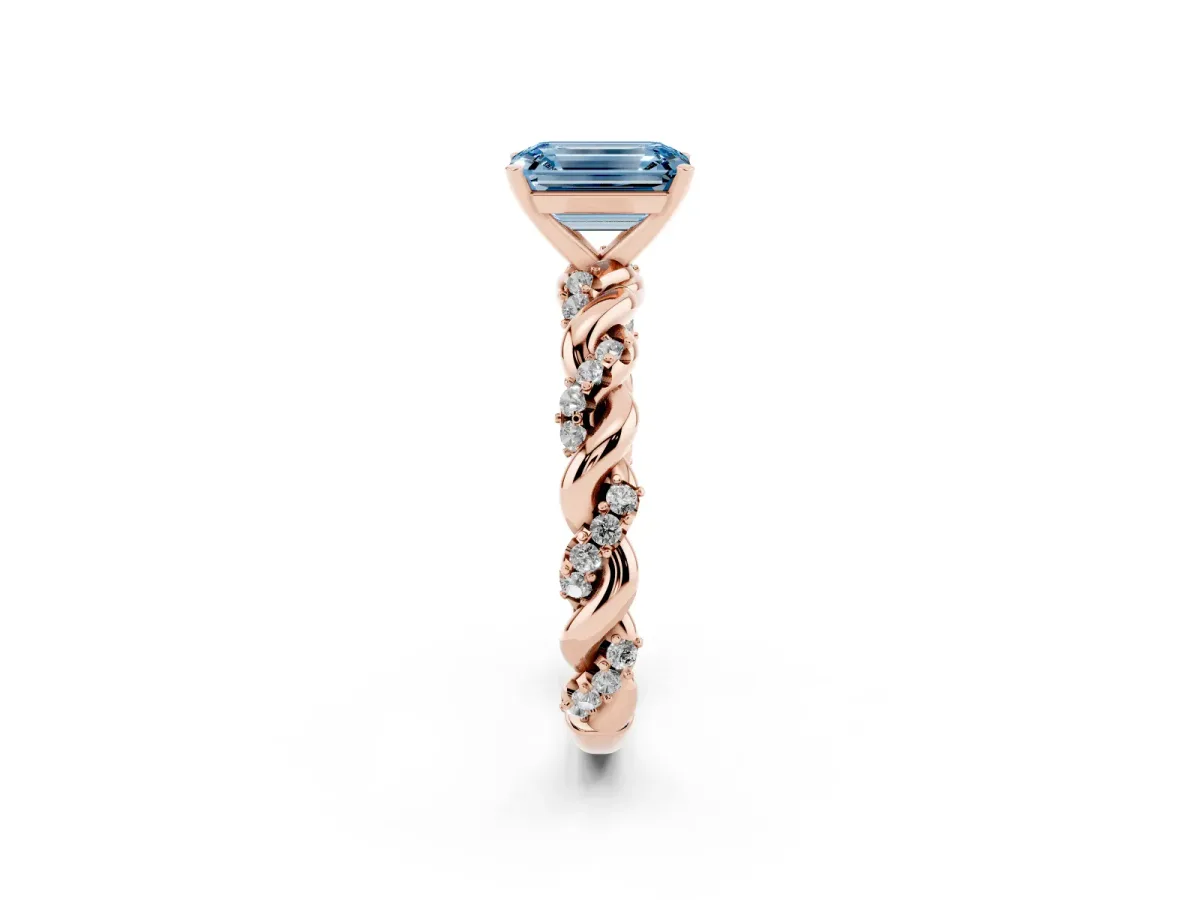 Fancy Blue Emerald Cut Diamond Solitaire Ring with Twisted Band and Pavé Accents Rose gold
