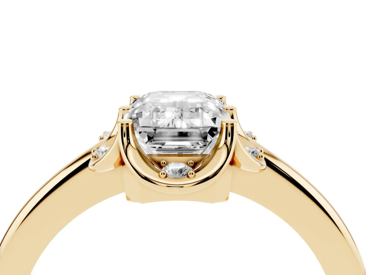 Emerald Cut Halo Diamond Ring with Round Cluster Setting, Solitaire Band, and Four-Prong Setting Yellow gold