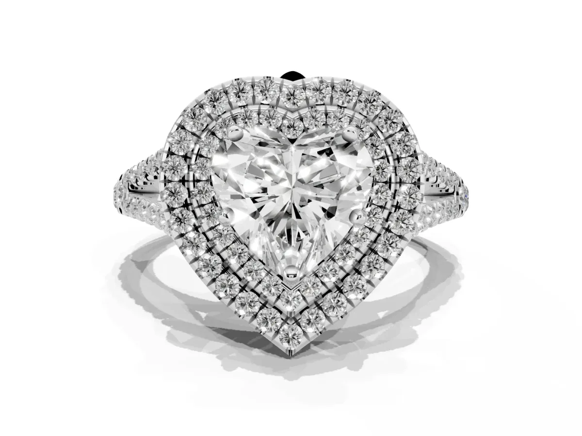 Heart Cut Diamond Double Halo Ring with Pavé Band and Prong Setting White gold