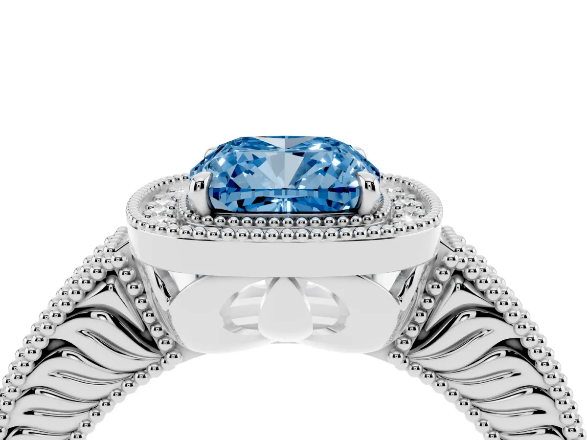 Fancy Blue Cushion Cut Cut Halo Diamond Ring with Pavé Band and Four-Prong Setting Silver