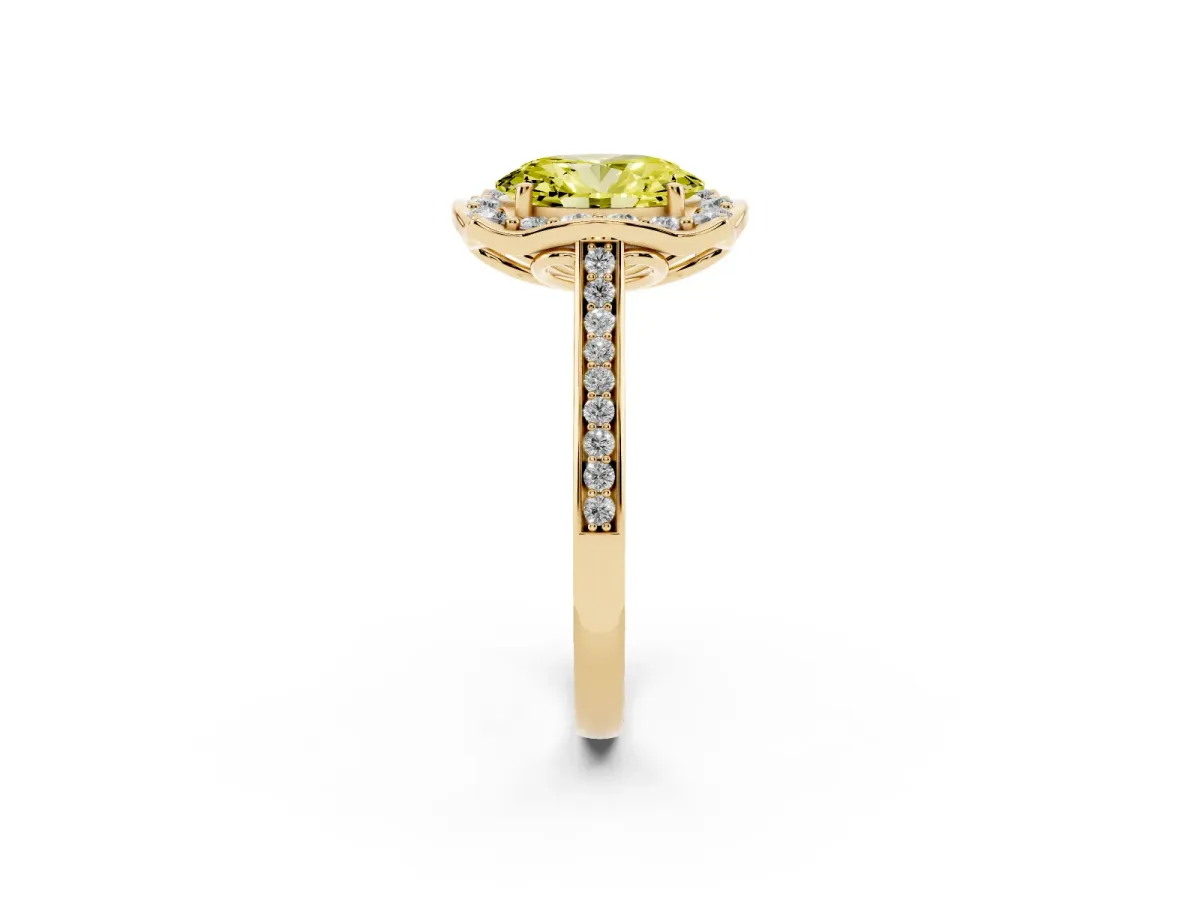 Fancy Yellow Oval Cut Halo Round Diamond Pave Band with Four-Prong Setting Yellow gold