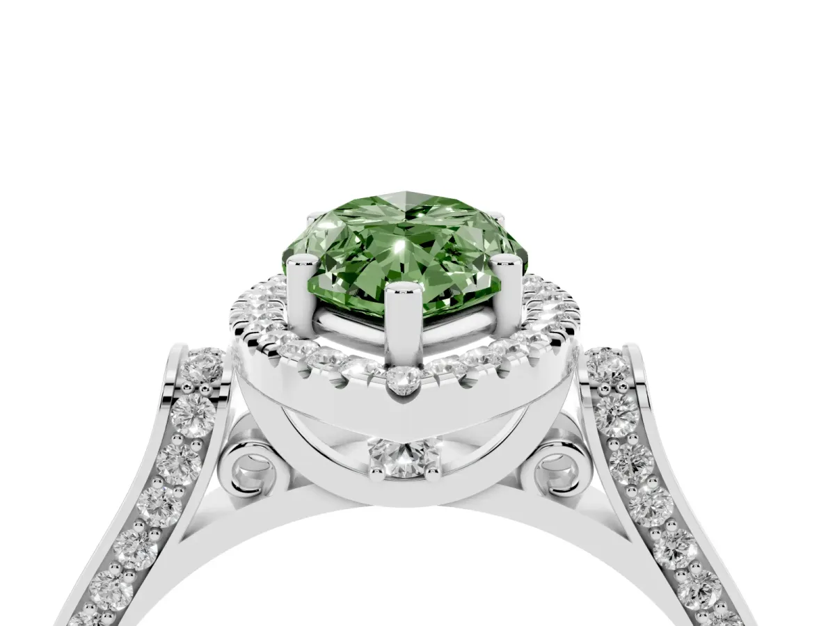 Fancy Green Marquise Cut Halo Round Diamond Twist Band with Four-Prong Setting White gold
