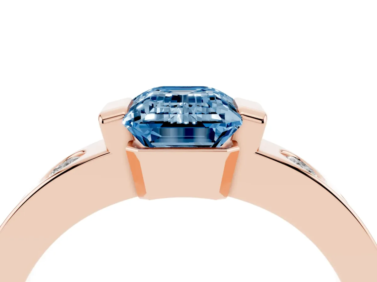 Fancy Blue Emerald Cut Brilliant Channel-Set Diamond Ring with Bezel Prong Setting Rose gold