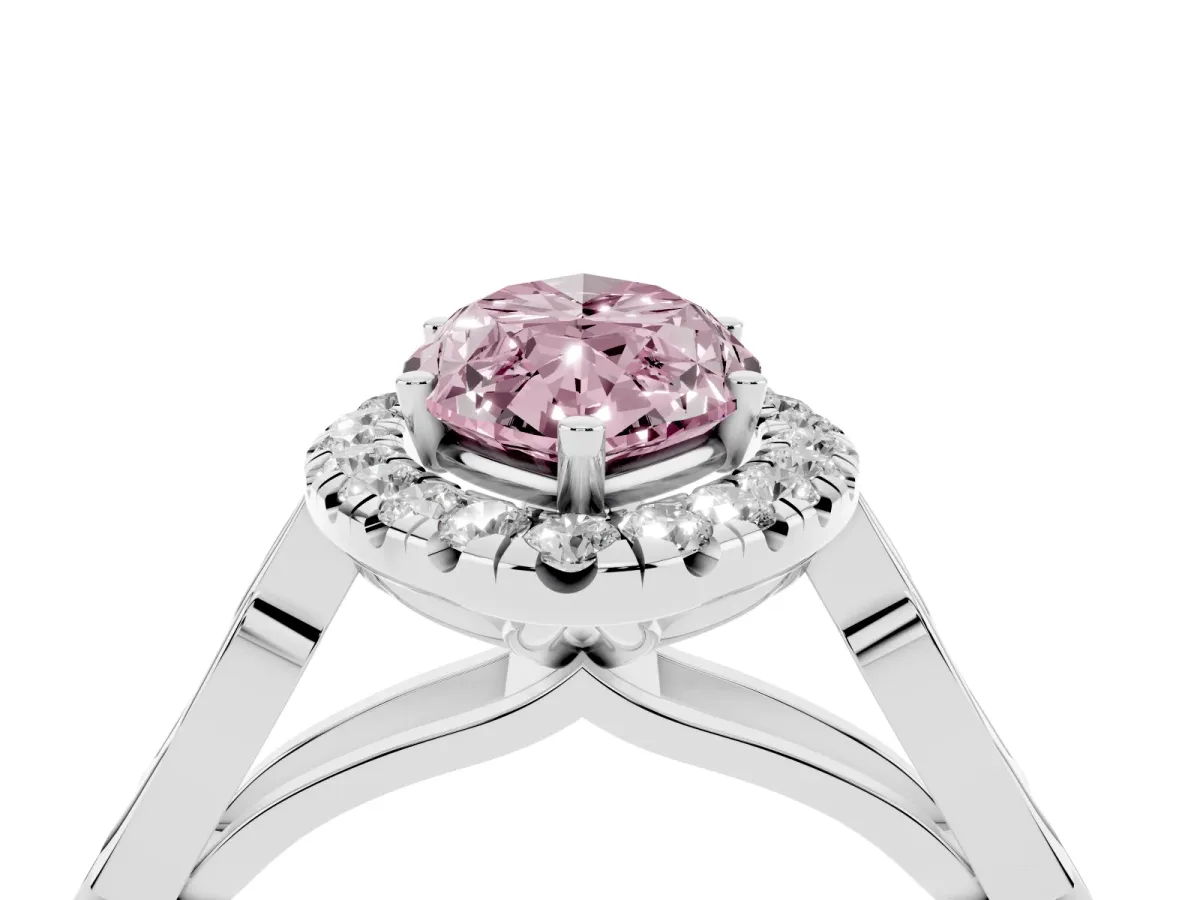 Fancy Pink Marquise Cut Halo Diamond Engagement Ring with Filigree Band and Four-Prong Setting Silver