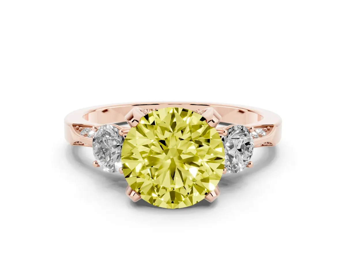 Fancy Yellow Round Cut Brilliant Three-Stone Diamond Ring with Pavé Band and Four-Prong Setting Rose gold