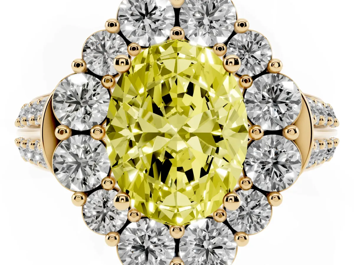 Fancy Yellow Oval Cut Halo Diamond Engagement Ring with Split Shank and Prong Setting Yellow gold