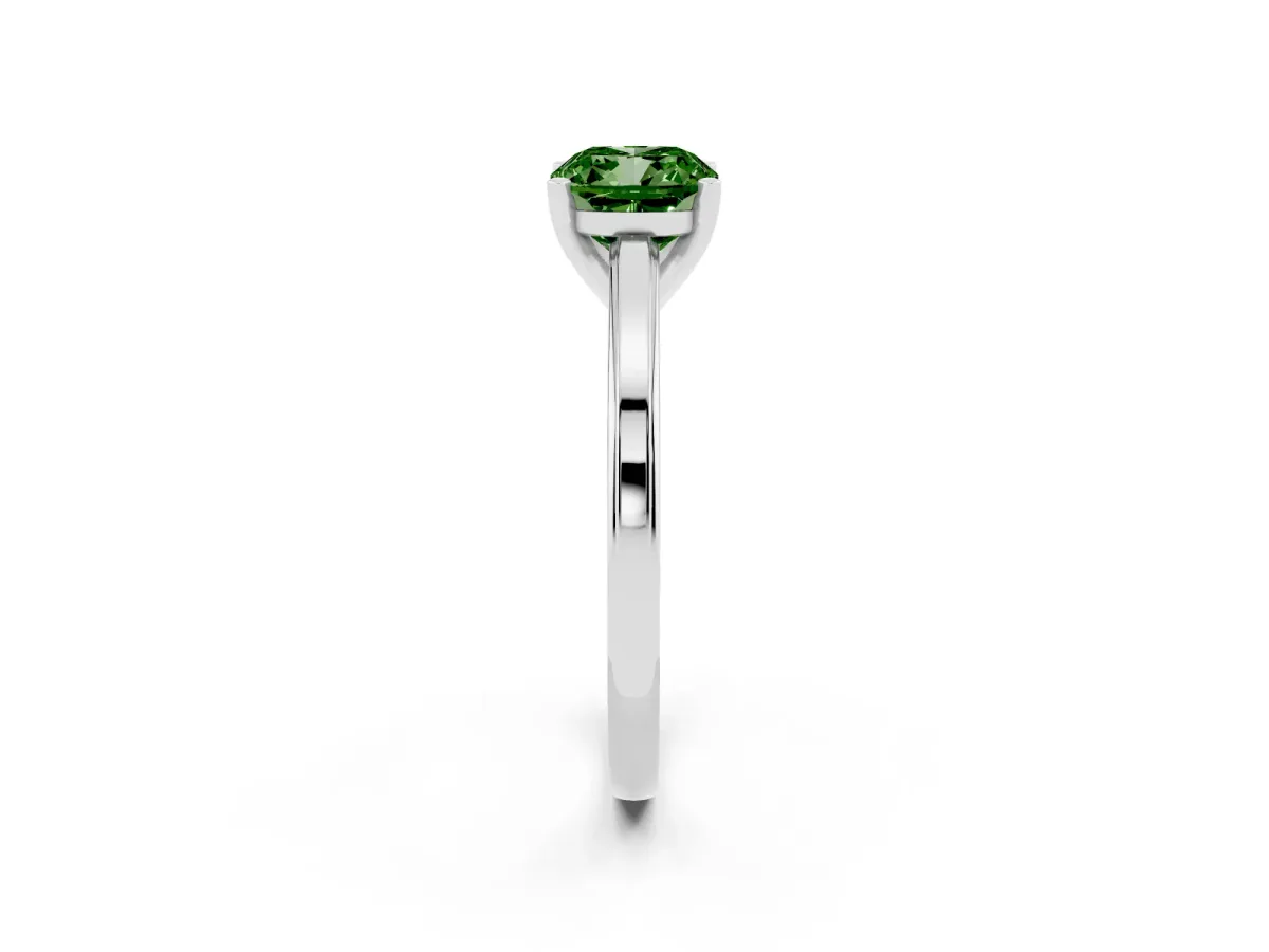 Fancy Green Cushion Cut Solitaire Diamond Ring with Four-Prong Setting and Classic Band Silver