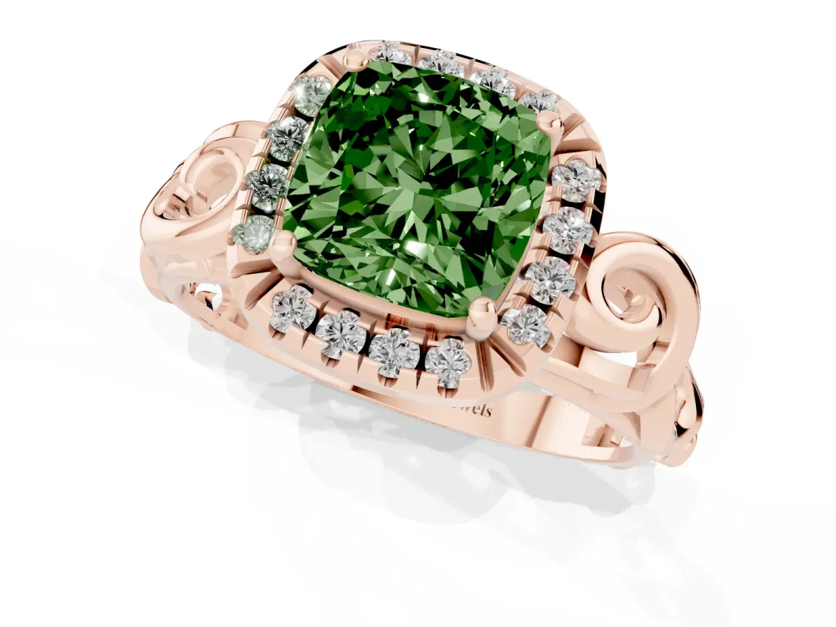 Fancy Green Cushion Cut Cut Halo Diamond Ring with Scrollwork Band and Four-Prong Setting Rose gold