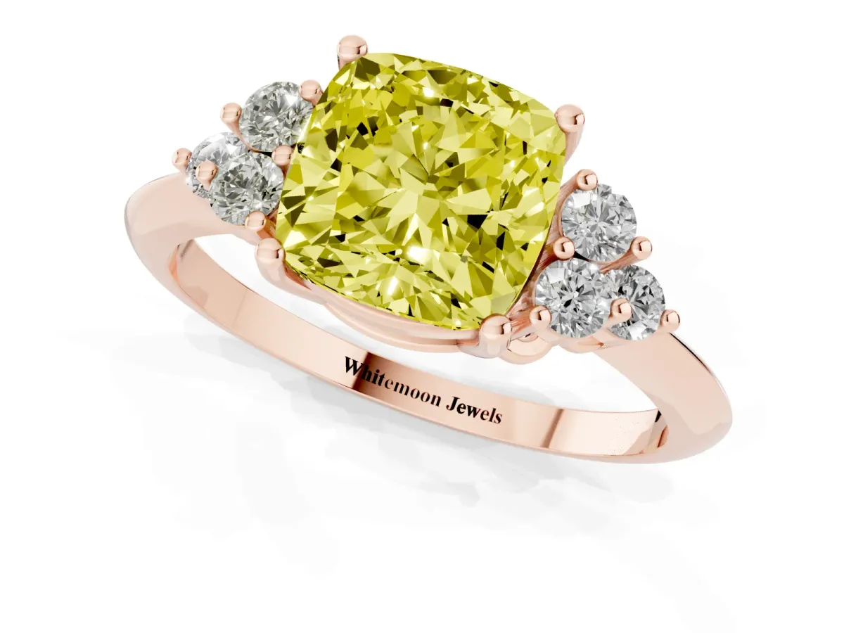 Fancy Yellow Cushion Cut Cut Diamond Cluster Ring with Solitaire Band and Four-Prong Setting Rose gold