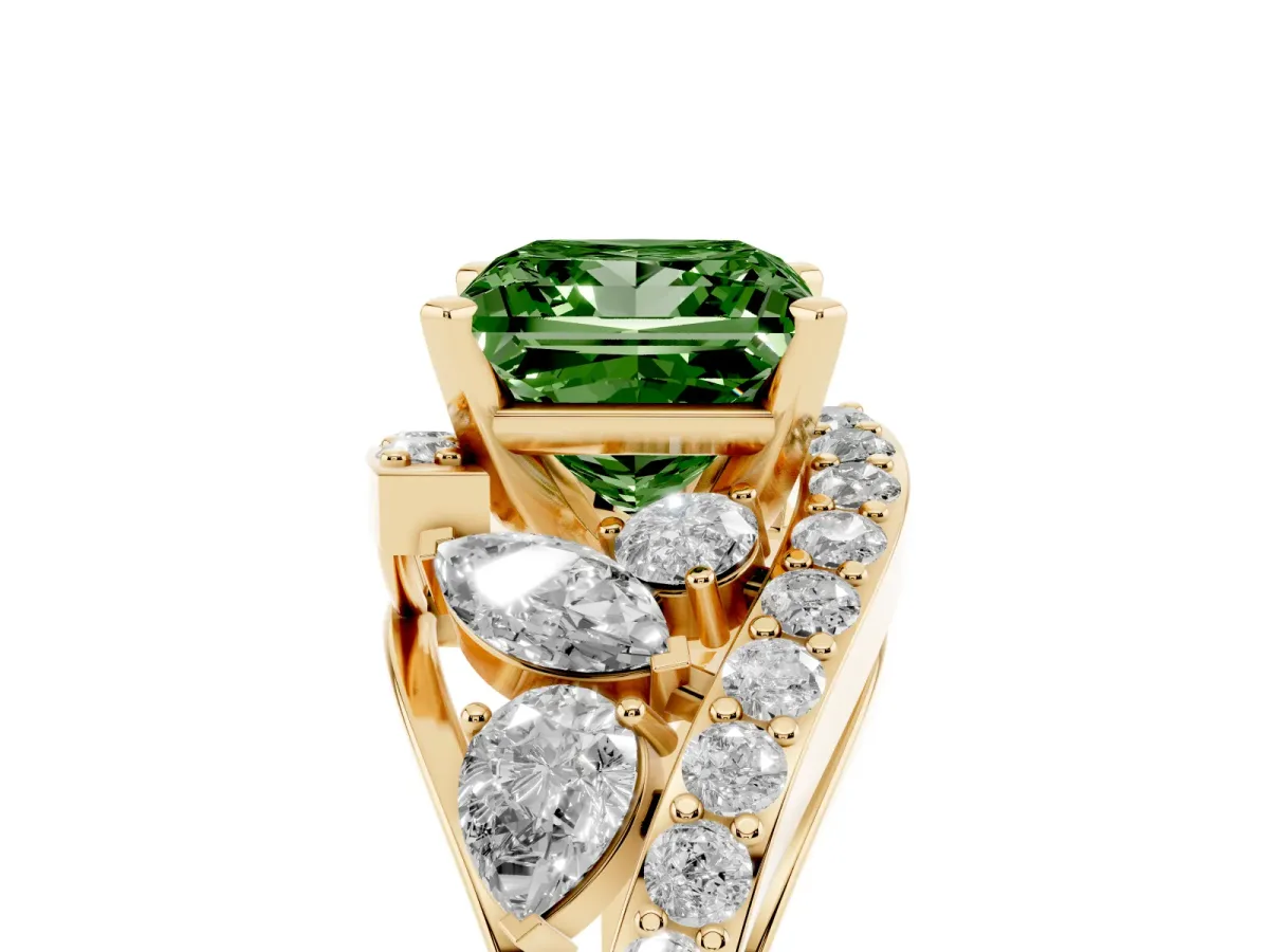 Fancy Green Princess Cut Diamond Halo Ring with Marquise and Pavé Band in Prong Setting Yellow gold