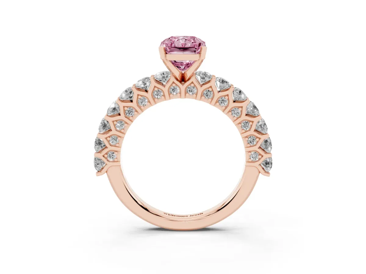 Fancy Pink Radiant Cut Diamond Solitaire Ring with Shared Prong Pavé Band and Four-Prong Setting Rose gold