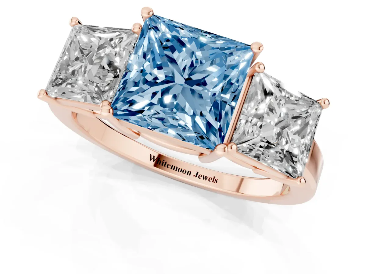 Fancy Blue Three-Stone Princess Cut Cut Diamond Engagement Ring with Flat Band and Four-Prong Setting Rose gold