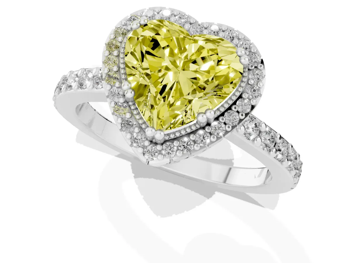 Fancy Yellow Heart Cut Cut Diamond Halo Engagement Ring with Milgrain Detail and Pavé Band Silver