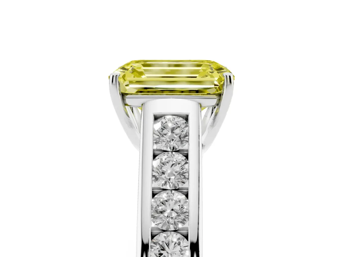 Fancy Yellow Emerald Cut Brilliant Channel-Set Solitaire Ring with Four-Prong Setting White gold