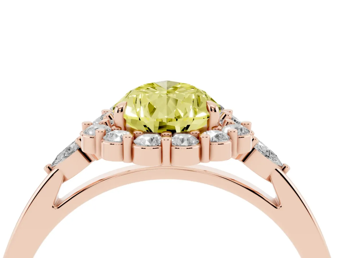 Fancy Yellow Pear Cut Diamond Halo Ring with Pear Side Stones and Prong Setting Rose gold