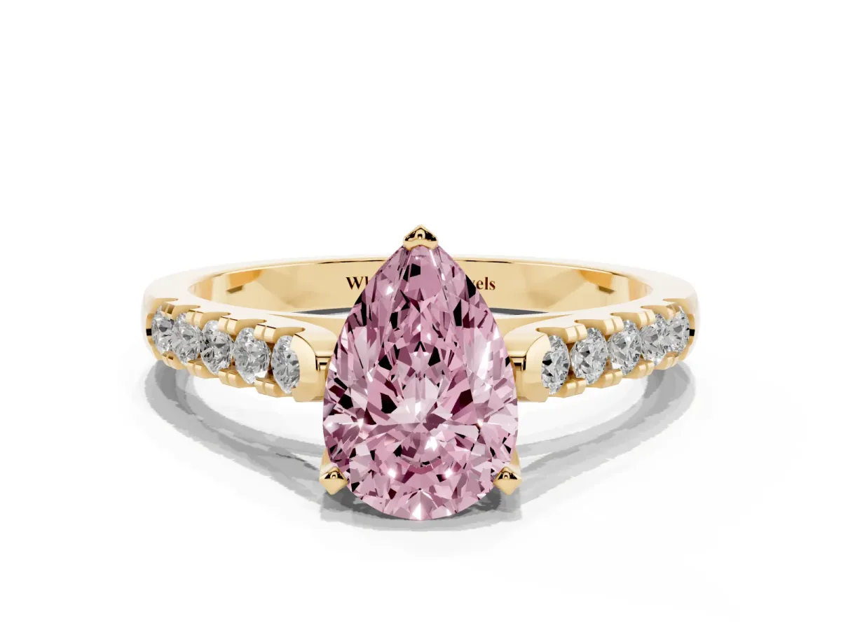 Fancy Pink Pear Cut Diamond Pavé Band Solitaire Ring with Prong Setting Yellow gold